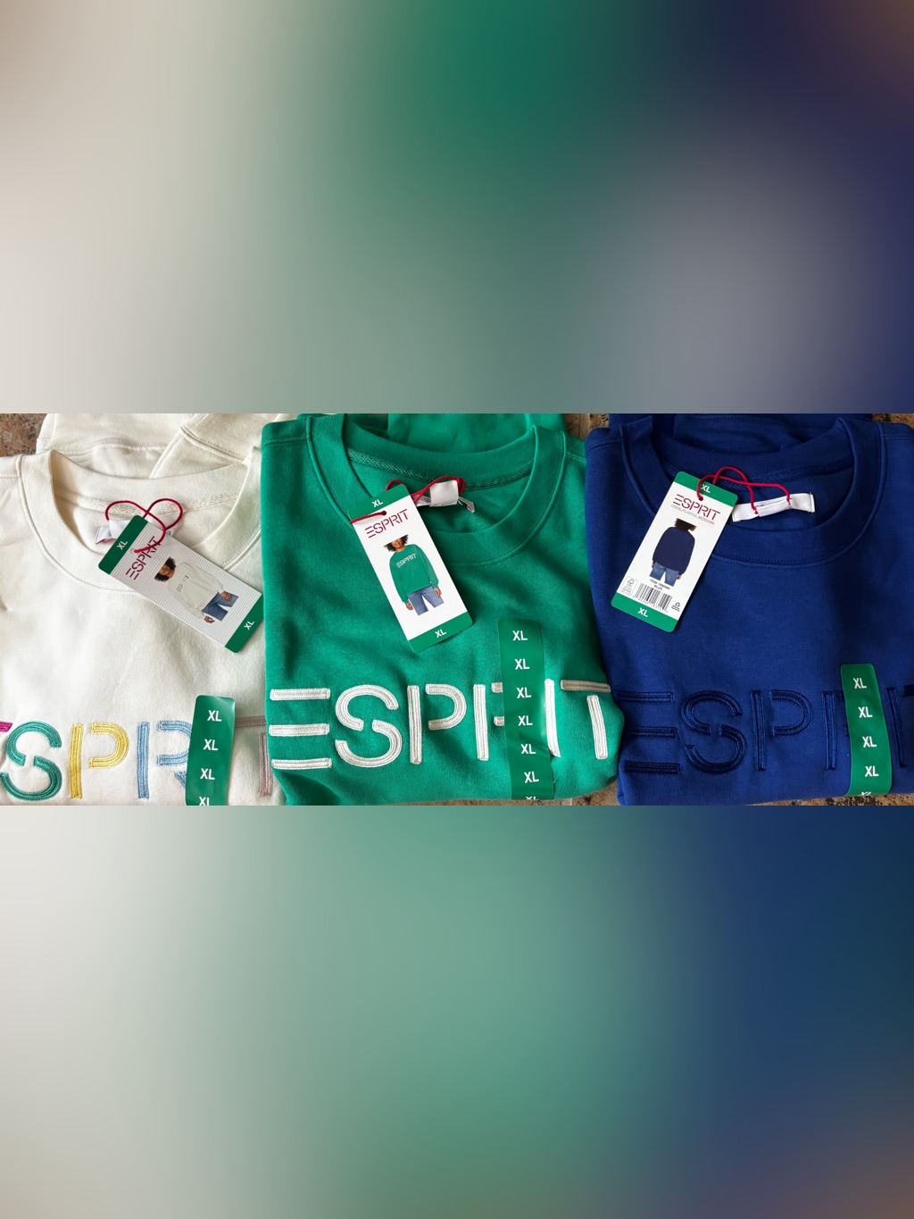 Lot Of 3 Nwt Esprit Logo Fleece Crewneck Sweatshirt Cream Blue Green 80's Xl